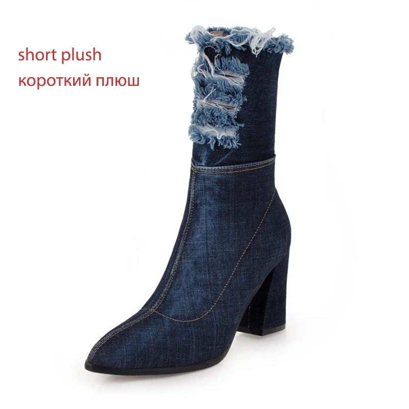 dark blue thin fur WETKISS/джинсовые ботинки; женские ботинки на Высоком толстом каблуке; ботильоны с перфорацией; Новинка года; женская обувь с острым носком; Весенняя повседневная обувь на каблуке - Цвет: dark blue thin fur