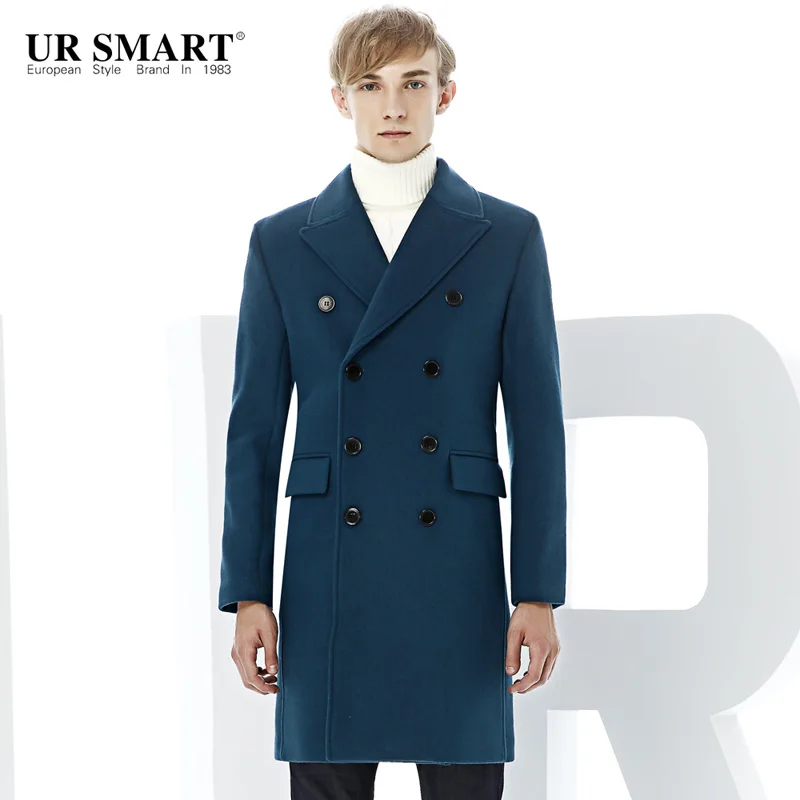URSMART тканевое пальто, двубортное Новое мужское шерстяное пальто, шерстяное пальто, qiu dong, куртка для молодых мужчин - Цвет: lake blue
