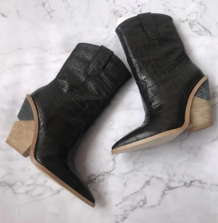 black short BuonoScarpe/ботинки в ковбойском стиле из крокодиловой кожи; Botas Mujer; ковбойские ботинки для женщин; дизайнерские ботинки до середины икры на массивной танкетке; - Цвет: black short