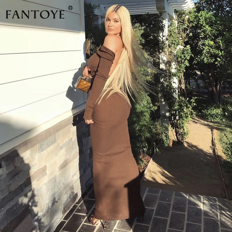 Fantoye сексуальное с открытой спиной ребро Длинное Платье Женское Vestidos с открытыми плечами платье макси с длинным рукавом Рождественская вечеринка без бретелек облегающее платье