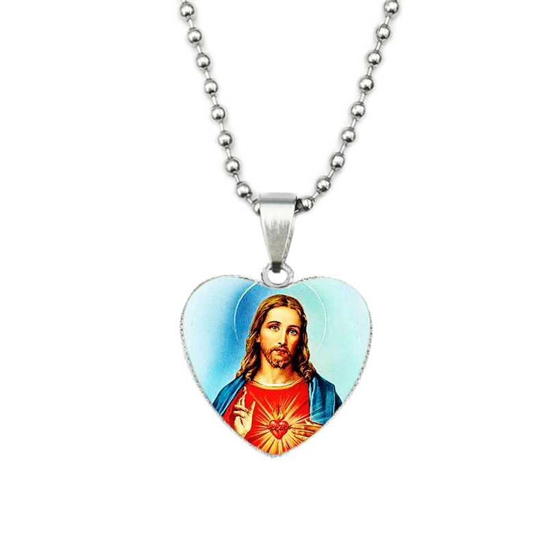 Классический Иисус Дева Мария Серебряная цепочка Ожерелье Стеклянный кулон в