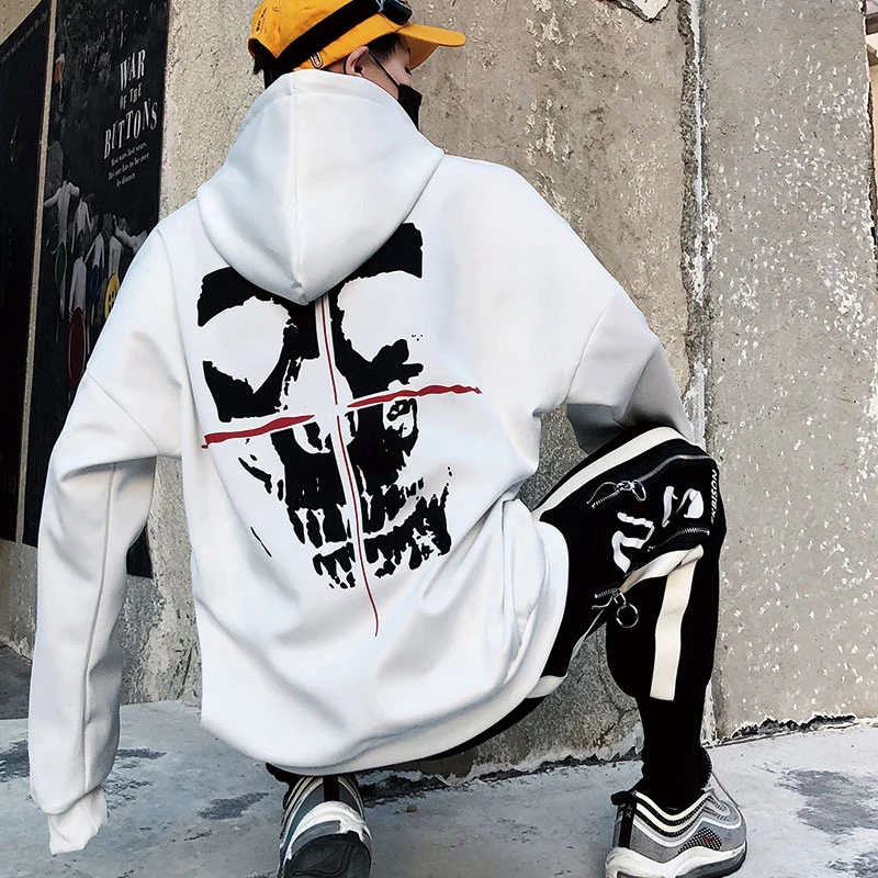 Мужская толстовка в стиле панк с принтом черепа капюшоном и длинным рукавом