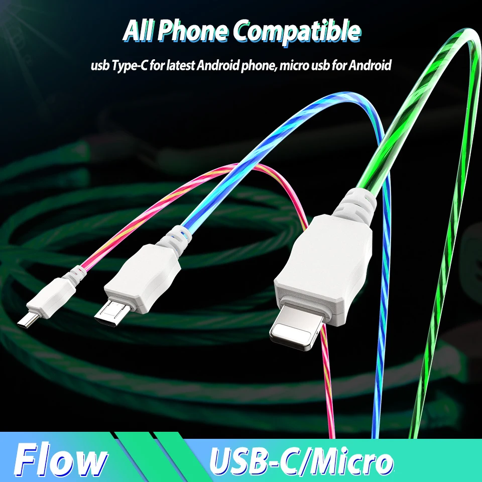 СВЕТОДИОДНЫЙ световой Течет Micro Тип usb C зарядный кабель для samsung Galaxy S10 S9 S8 плюс Примечание 9 8 A3 A5 A7 USB C