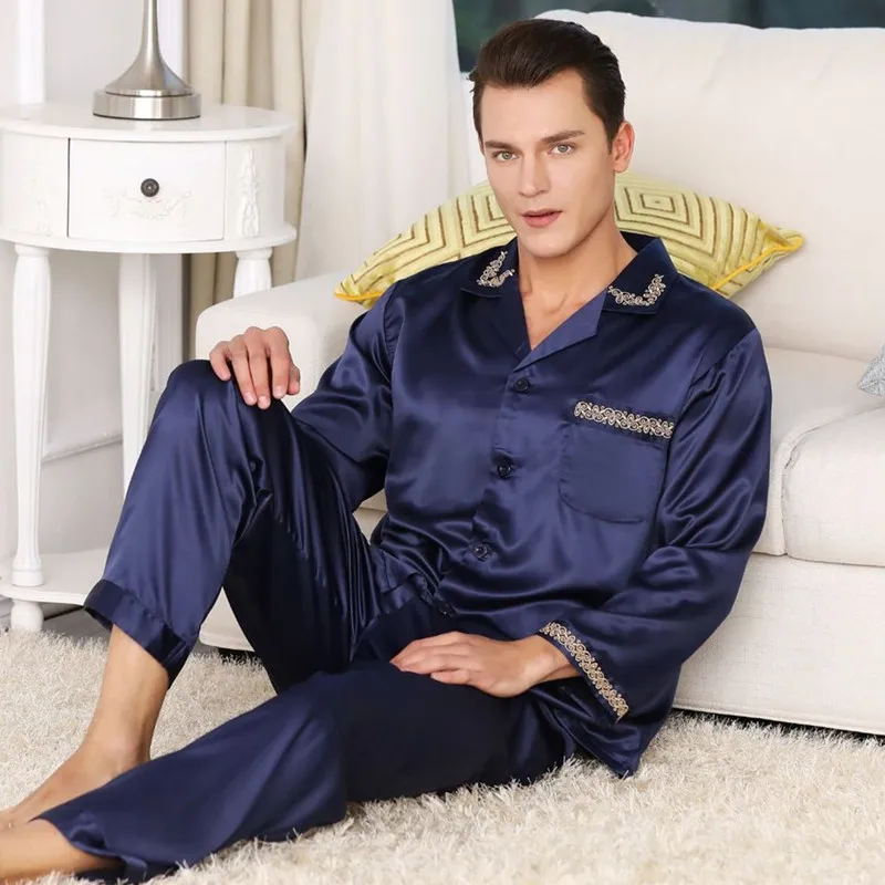 pajama set 2 Мужские пижамы шелковые атласные с длинными рукавами наборы удобное пальто+ брюки с эластичной талией роскошный Пижамный костюм с принтом мужской пижамный комплект - Цвет: pajama set 2