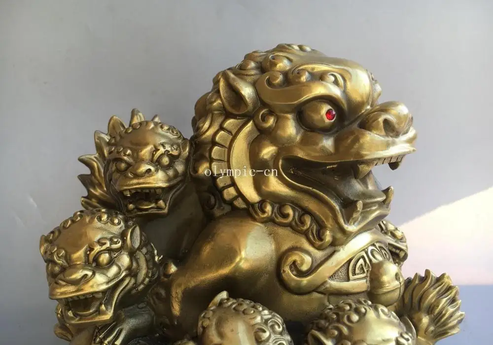 10'' brass folk fengshui decor auspicious beast treasure six fu foo dogs lion | Дом и сад
