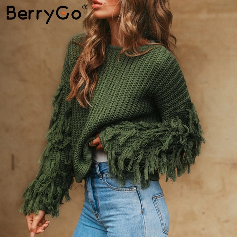 BerryGo Vintage tassel o neck sweater women Streetwear long sleeve winter jumpers 2018 Army green pullover femme jumper | Женская одежда