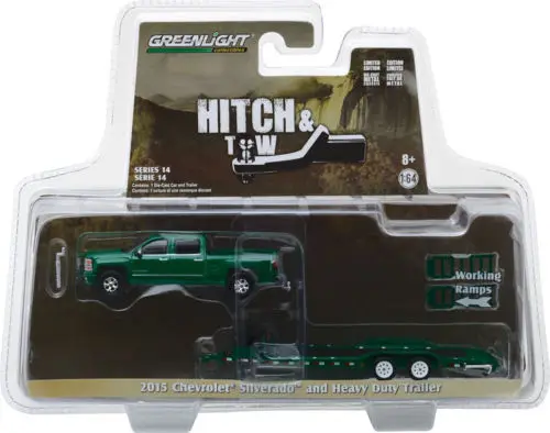 Зеленый свет 1:64 2015 Chevy Silverado зеленый и сверхмощный трейлер игрушечная машинка из