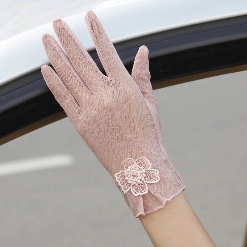 A Pink Сексуальные весенне-летние женские короткие перчатки для сенсорного экрана от солнца, модные женские тонкие шелковые кружевные перчатки для вождения 03 - Цвет: A Pink