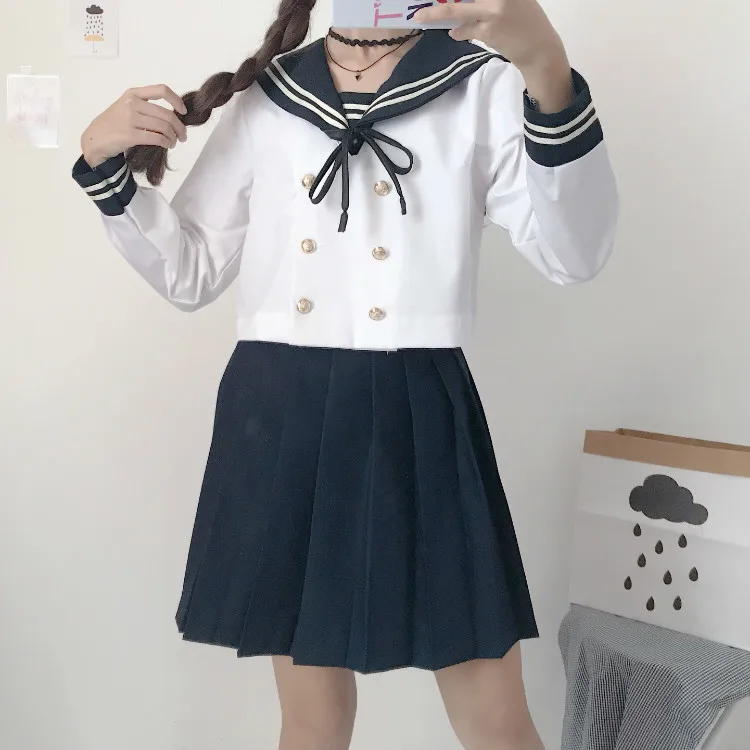 Японские JK наборы школьная форма Kawaii для девочек матросский воротник пальто+ плиссированная юбка комплект из 2 предметов осенние школьные женские костюмы
