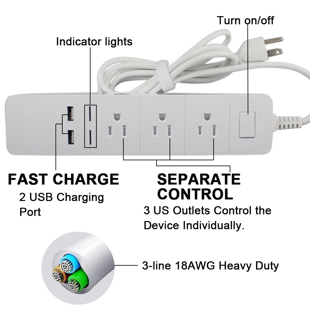 Умная полоса питания для США WiFi 2 usb-порта 3 розетки переменного тока таймер