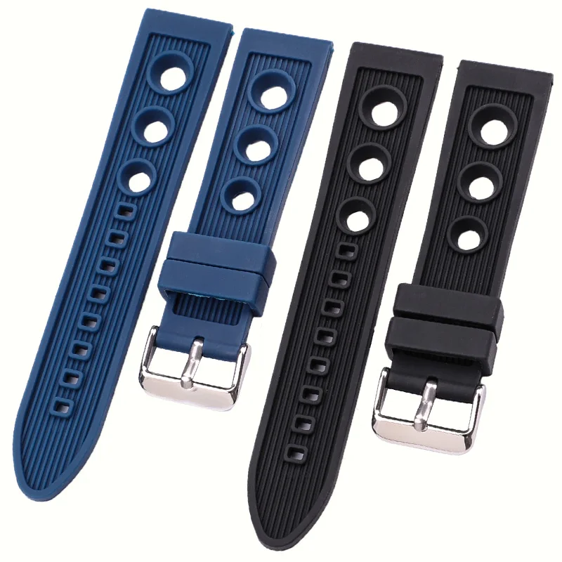 Silicone Watchbands 22mm Black Blue Women Men Waterproof Soft Rubber Watch Strap Bracelet With Stainless Steel Polished Buckle