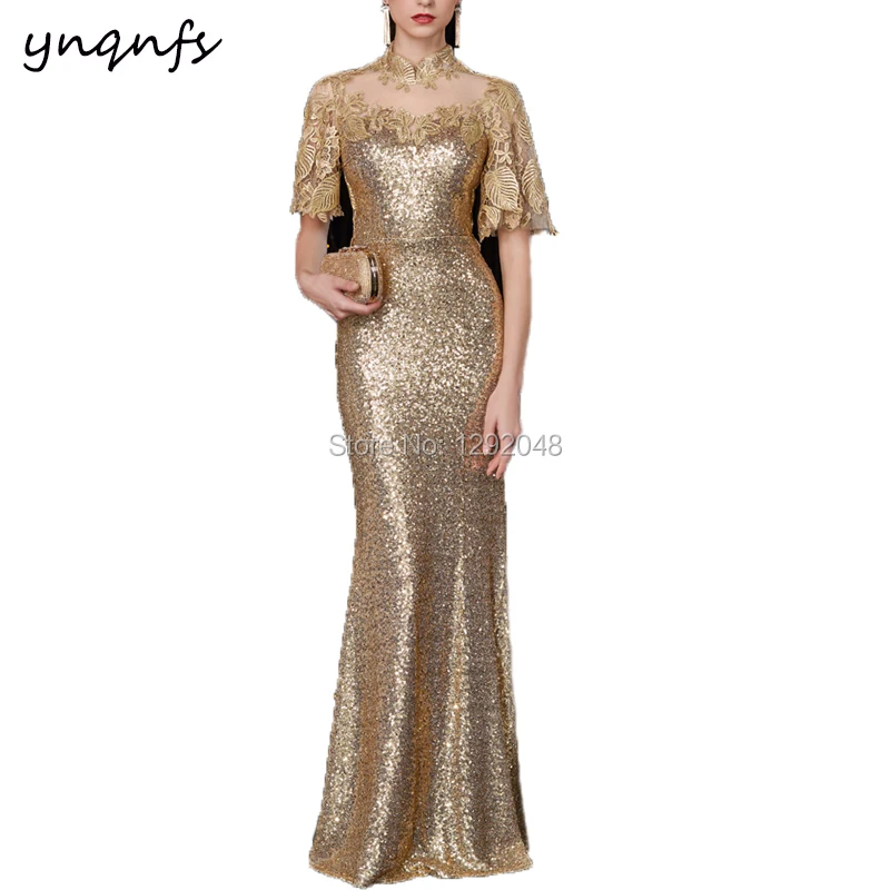 

YNQNFS Robe Soiree Evening Party Illusion High Neck Flare Sleeve Gold Sequins Mother of Bride/Groom Dresses Elegant 2019 MD284