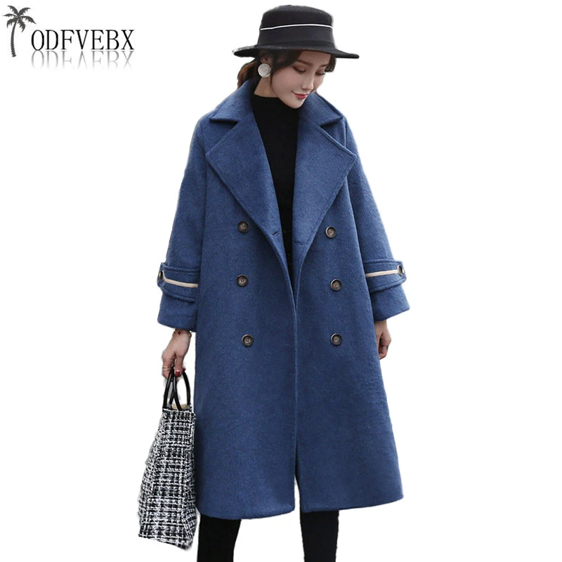 2019 модное синее шерстяное пальто женское осень зима двубортное длинное