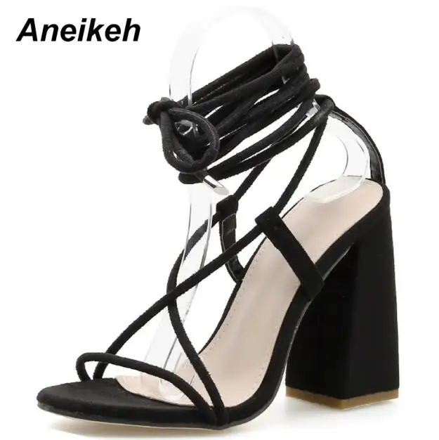 Black Aneikeh/; выразительные женские босоножки из флока; туфли-лодочки с ремешком на лодыжке; Туфли на очень высоком квадратном каблуке с круглым носком; модельные женские туфли; Цвет Черный; 4-11 - Цвет: Black