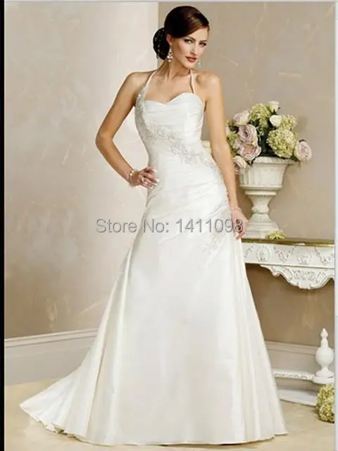 Elegant Halter Sexy A-line Full Length Lace Up Chapel Train Taffeta Wedding Dresses Custom Colors | Свадьбы и торжества