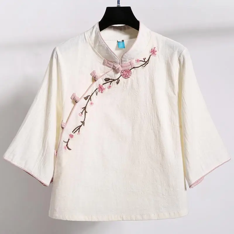 Nagodo китайский стиль льняные Топ Весна Лето Вышивка Cheongsam рубашка традиционная китайская одежда для женщин Hanfu s-xxl - Цвет: beige