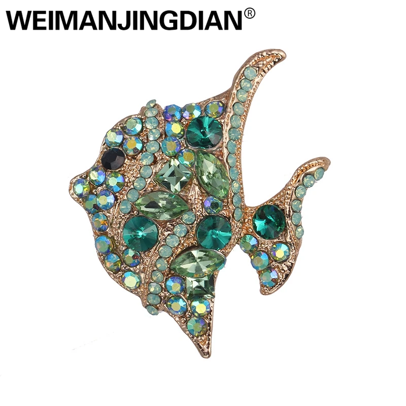 Бренд WEIMANJINGDIAN, зеленая и AB цветная хрустальная тропическая брошь с рыбой, булавки для женщин, аксессуары для одежды, модное ювелирное изделие