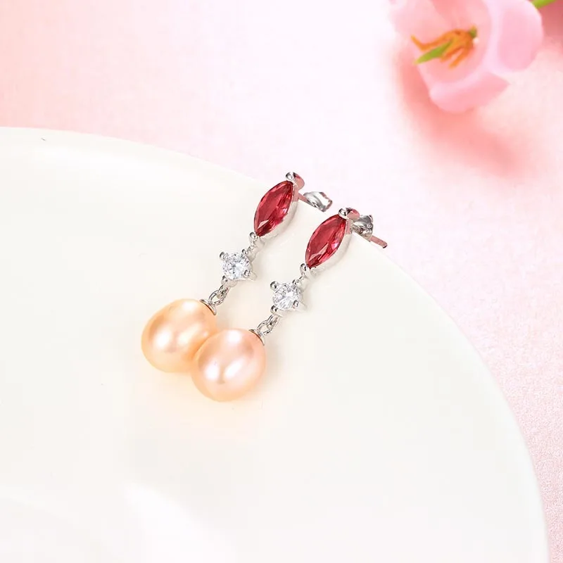 HENGSHENG 2017 New 925 Sterling Silver Women Dangle Earrings For Girlfriend Gift 8-9mm AAAA Freshwater Pearl with red crystal | Украшения и