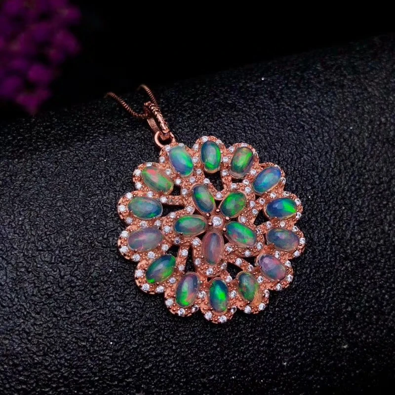 

natural multicolor opal gem pendant S925 silver Natural gemstone Necklace trendy Luxury round Hydrangea women girl fine jewelry
