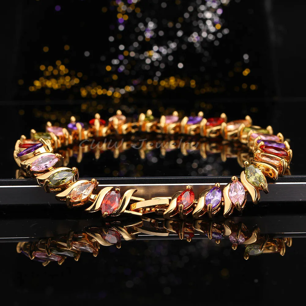 CWWZircons Top Quality Oval Shape Crystals Paved Yellow Gold Color Women Tennis Bracelets With Multi Colored Zircon Stone CB168|tennis