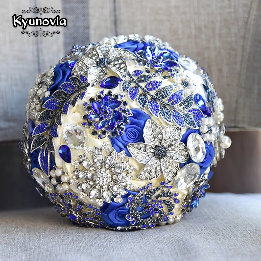 

Kyunovia Stunning Bride Brooch Bouquet Royal Blue Leaf Bouquet Crystal Wedding flowers Bridal Bouquets Wedding Accessories FE88