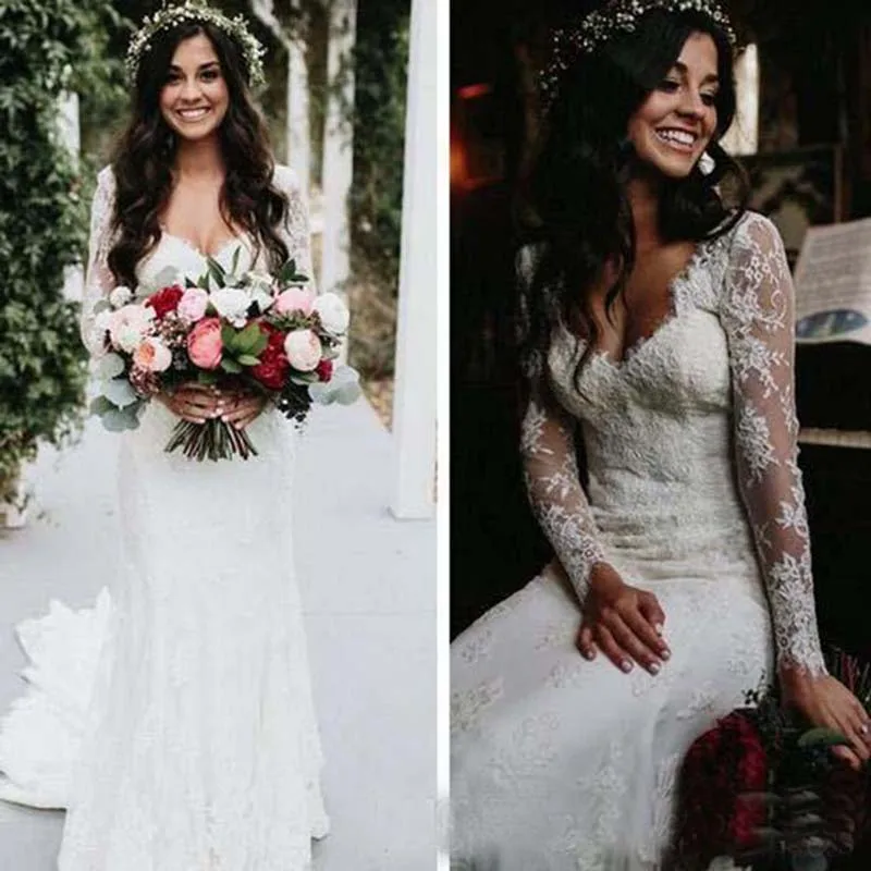 Vintage Full Lace country wedding Dresses With Long sleeves Sexy V Neck Floor Length Mermaid Bridal Gowns | Свадьбы и торжества
