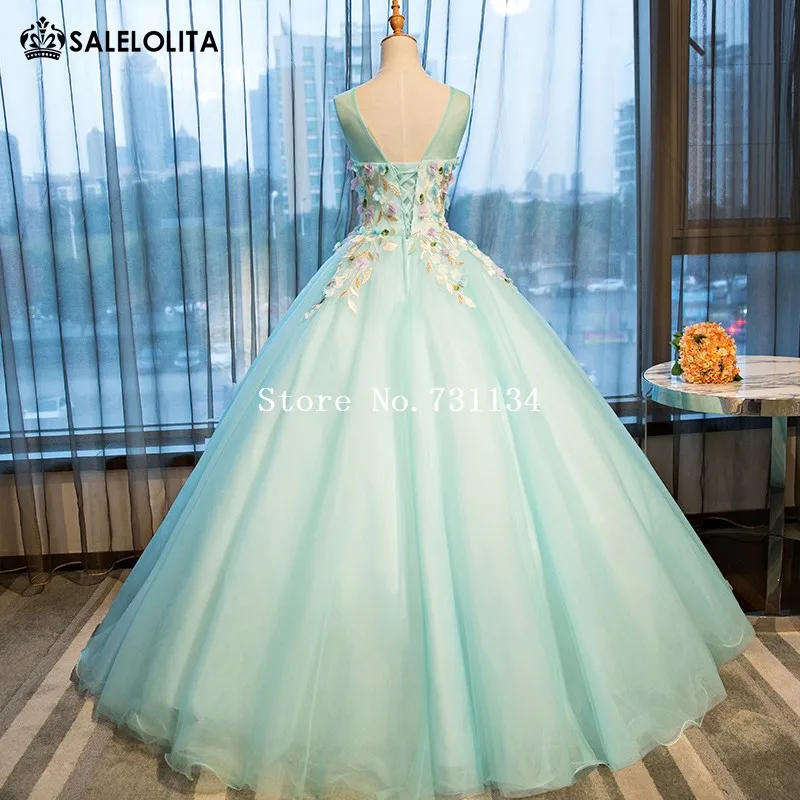 2017 Gorgeous Light Green Flowers Applique Pageant Party Dress Women Sleeveless Floor Length Ball Gown vestidos de festa Женская