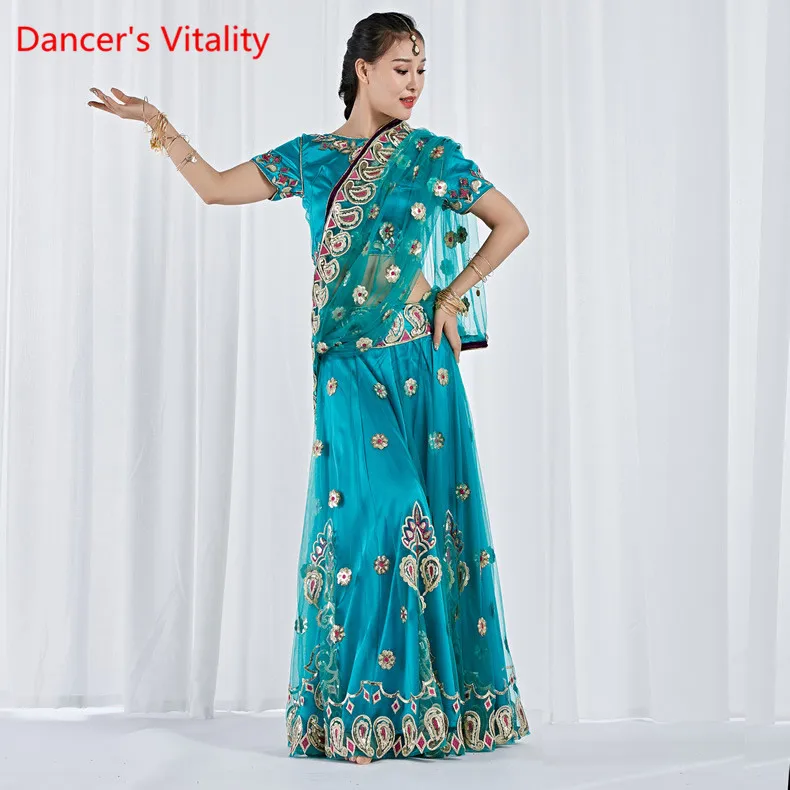 Clothes For Dancing, Stage Costume Belly Dancing Clothes Indian Dance Costume Bollywood 3 Pieces Set(Top, Skirt And Sari