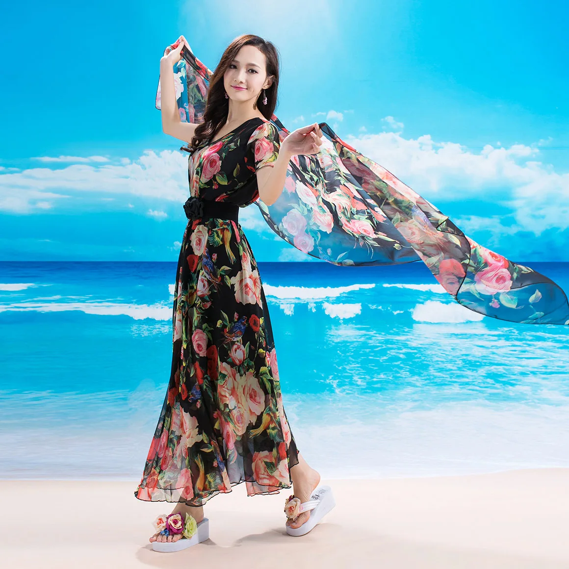 2017 модное черное платье с цветочным принтом женское длинное макси V-образным