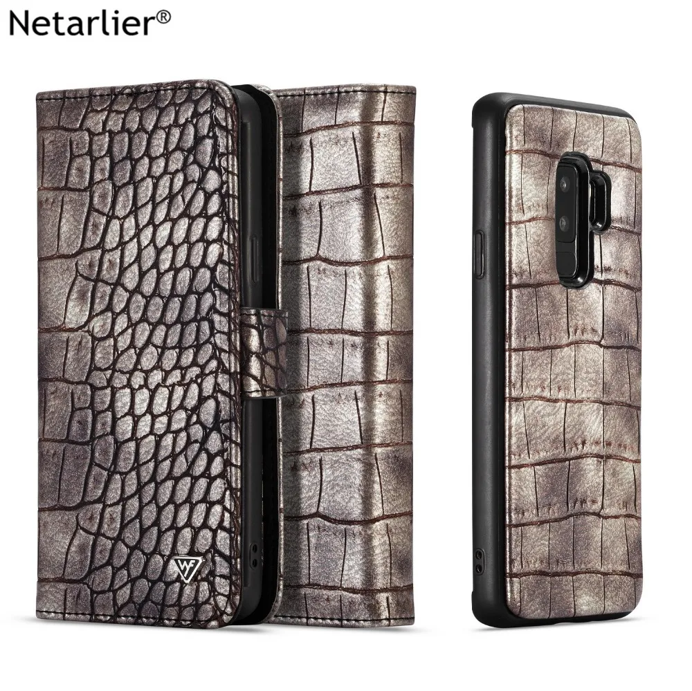 

Netarlier vintage crocodile leather flip phone case for Samsung Galaxy S9 Plus kickstand wallet card pocket random leather cover