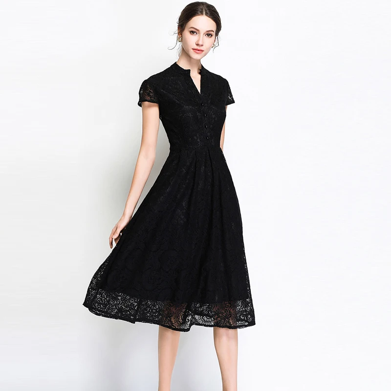 

2018 femme Vintage red lace Summer dress vestidos women Solid short Sleeve party dress Stand neck Button long dress