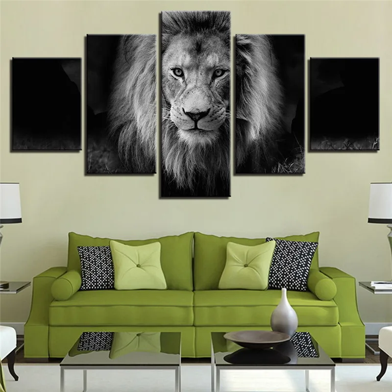 5 шт. Nordic Decoratrion Животные Лев Wall Art Холст Картины маслом Современный черный белый