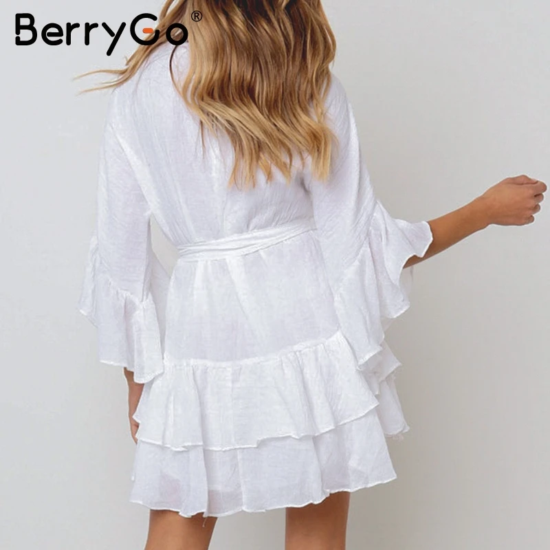 BerryGo белый пояс мини платье женские элегантные расширяющиеся к низу рукава с