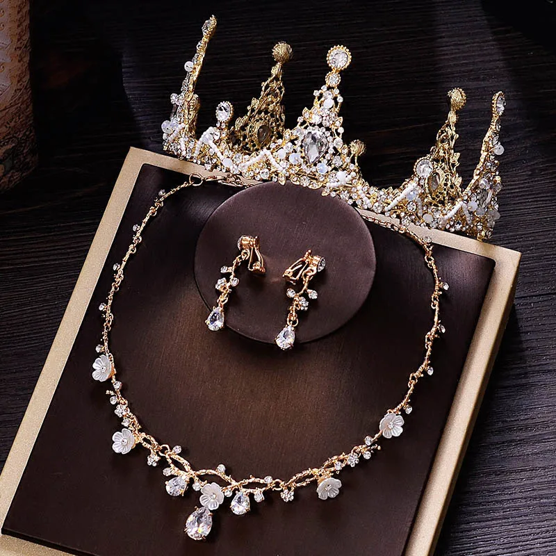 Crown Necklace Set Золотая Корона в стиле барокко, свадебный головной убор, диадема, свадебные ювелирные изделия, вечерние круглые короны на день рождения, набор хрустальных китайских аксессуаров для волос - Окраска металла: Crown Necklace Set