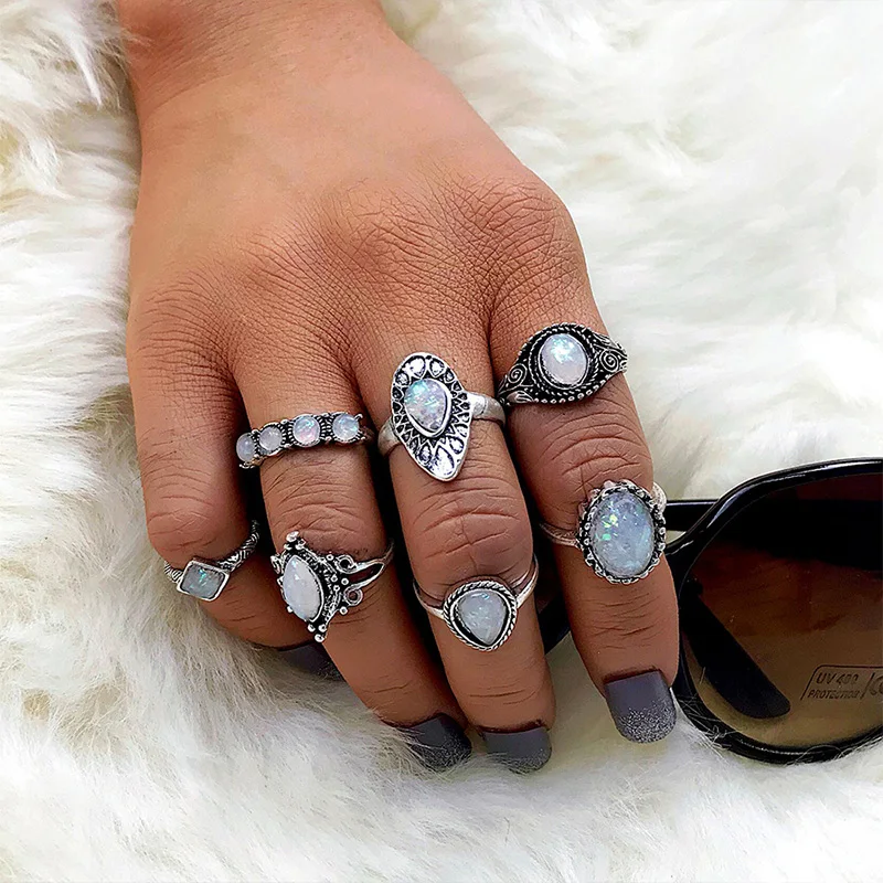 7 шт./компл. женское модное кольцо в стиле ретро виде капли воды с круглым