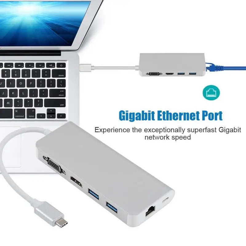 Многофункциональный USB3.0 концентратор адаптер тип-c к HDMI/VGA/RG45 Gigabit LAN/USB3.0/PD конвертер портативный USB-C концентратор для Apple MacBook
