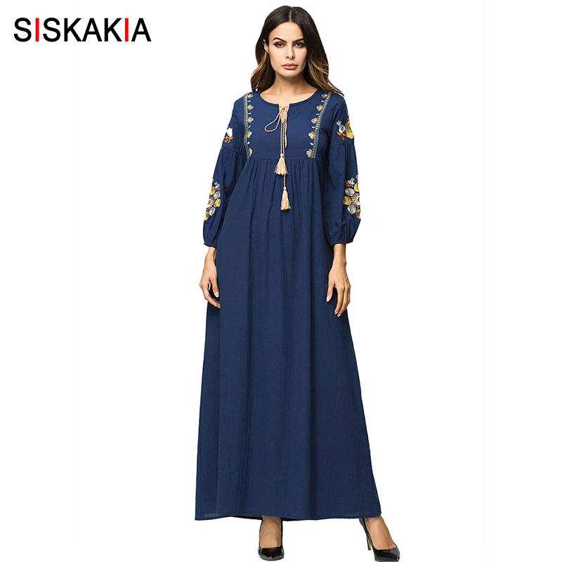 Navy Blue dress Siskakia длинное платье макси для женщин, элегантное винтажное платье с цветочной вышивкой и длинным рукавом, женское платье с высокой талией, Драпированное Платье - Цвет: Navy Blue dress