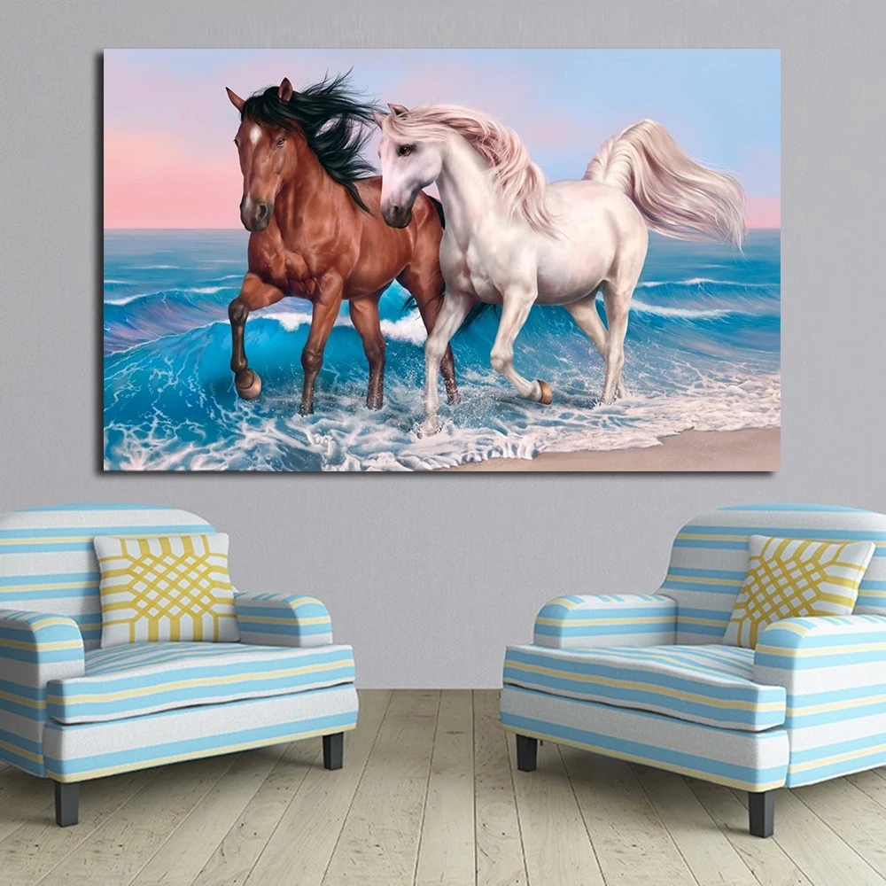 

JQHYART Animals two Horse Sea Wave Living Room Wall Art Canvas Posters and Prints Landscape Painting Wall Picture No Frame