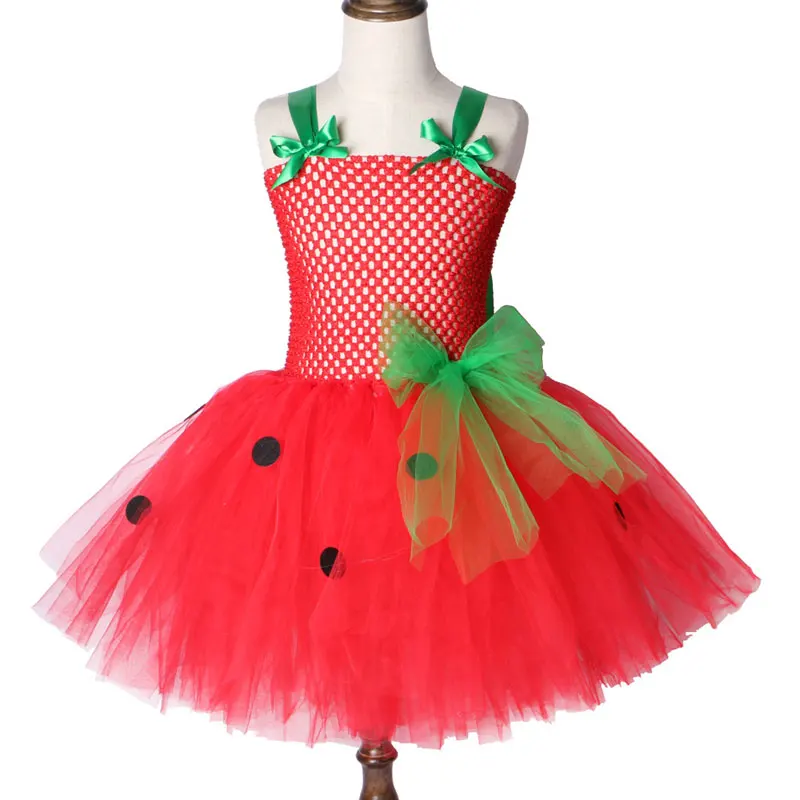 Платье-пачка с клубничкой для девочек красное праздничное платье Детский костюм