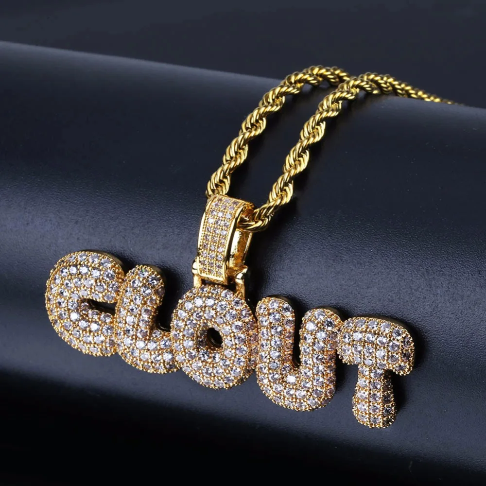 

Full AAA CZ Zircon Paved Bling Iced Out CLOUT Bubble Letter Men Hip Hop Rapper Pendant Necklace Gold Color Alphabet Jewelry