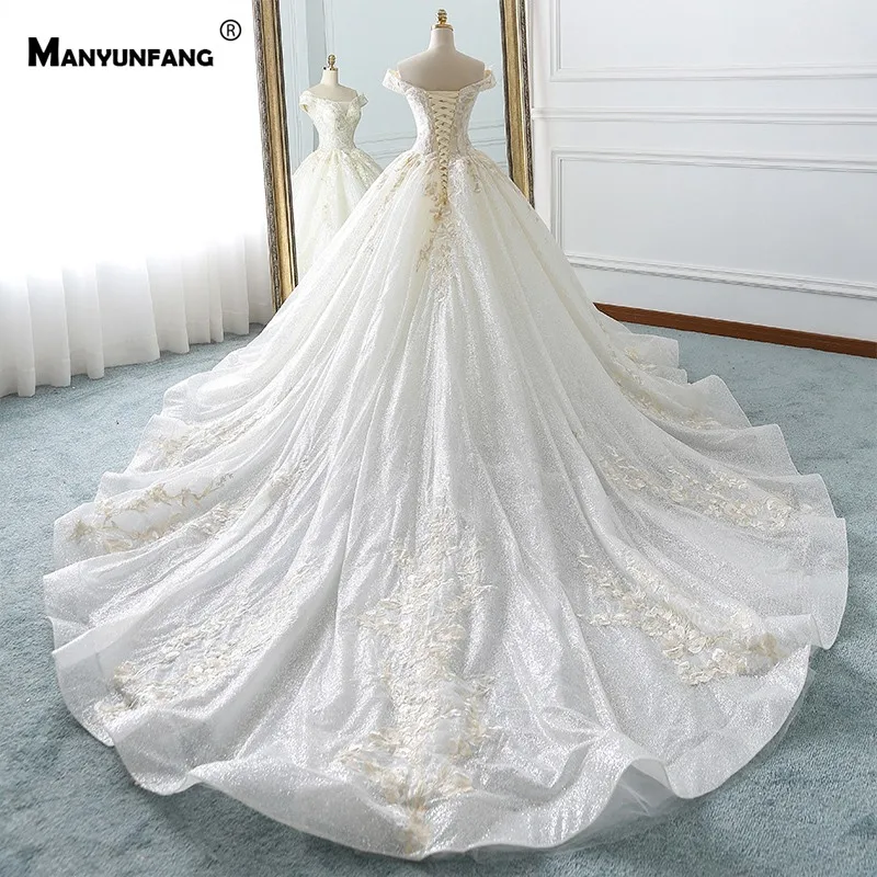 

Off The Shoulder Short Sleeves Weeding Dress Sequins Tulle Casamento Lace Wedding Dress Luxury Ball Gown Wedding Gown