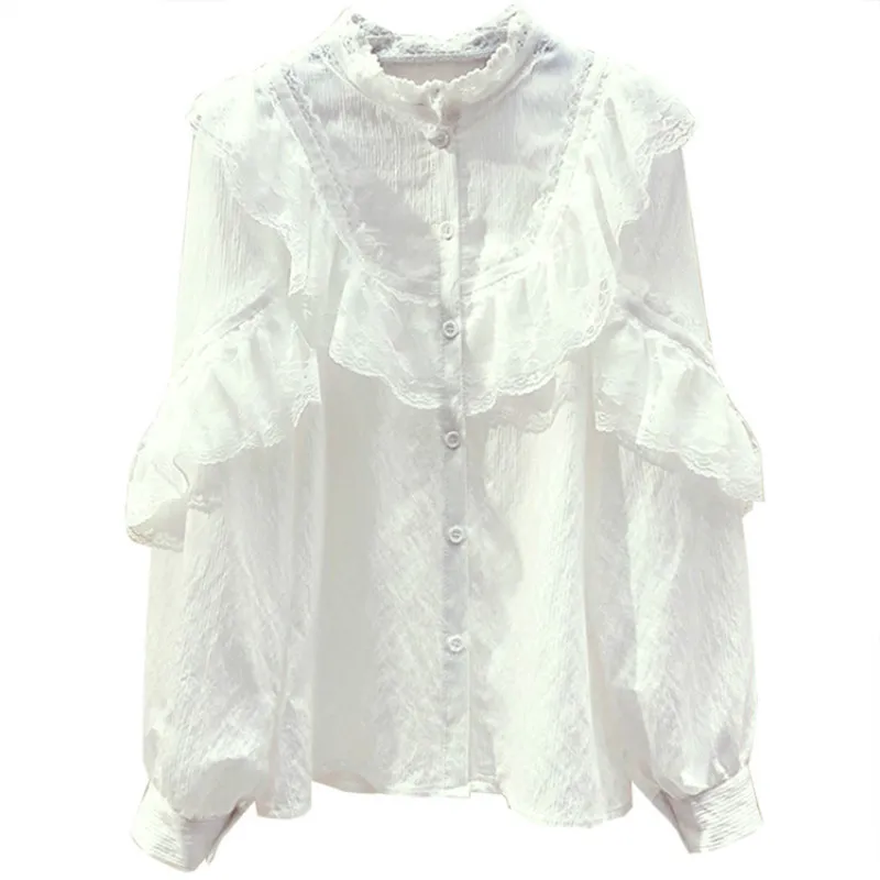 Рубашка шифоновая Blusas Mujer De Moda блузки новые весенние корейские женские топы с оборками белая женская одежда
