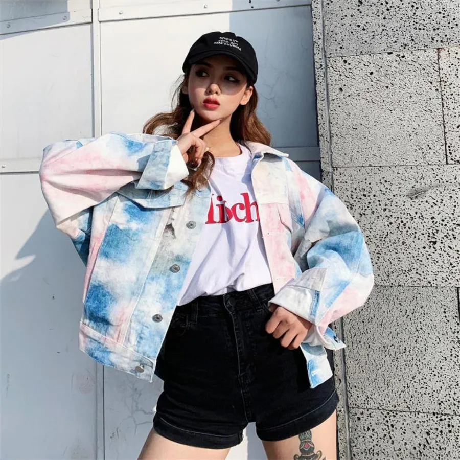 

2019 Spring Fashion Streetwear Tie-dyed Denim Jacket Women Stylish pink clouds print Jean Coat