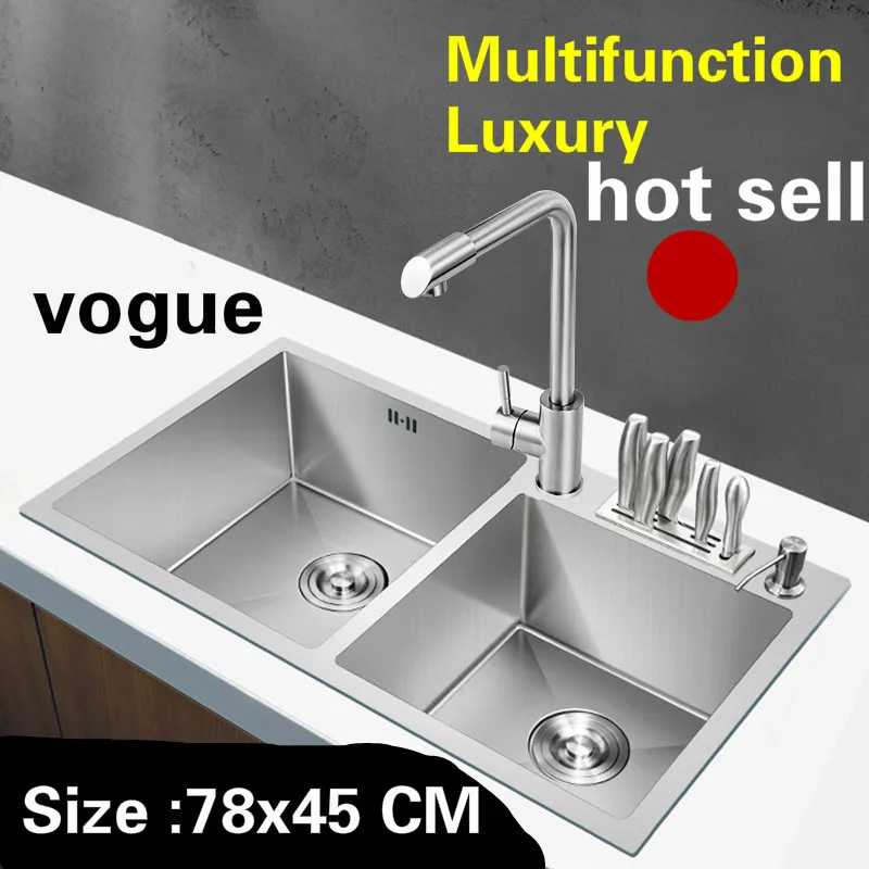 

Free shipping Household kitchen manual sink double groove multifunction do the dishes 304 stainless steel hot sell 78x45 CM