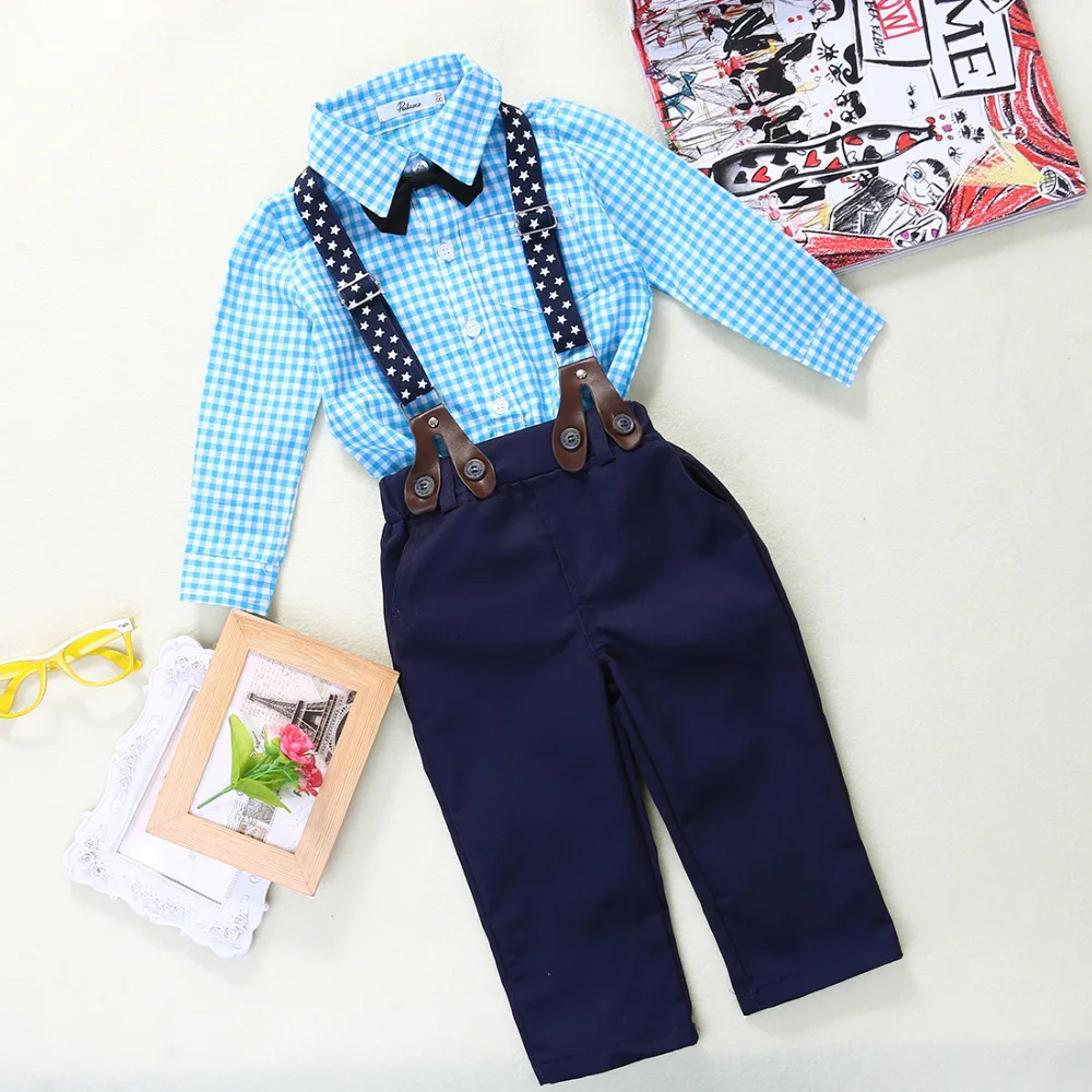 2pcs Baby Set!!Baby Boy Blue Plaid Long Sleeve Bow Shirt Tops+Suspender Pants Party Suit |