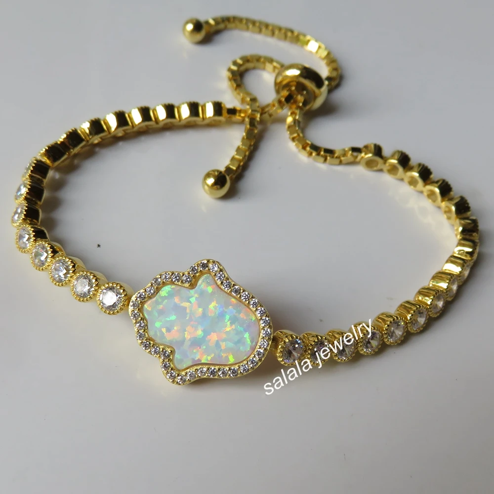 5pcs/lot OP17 White 925 Sterling Silver Synthetic Hamsa &ampHand Fire Opal Bracelet with AAA Cubic Zirconia | Украшения и
