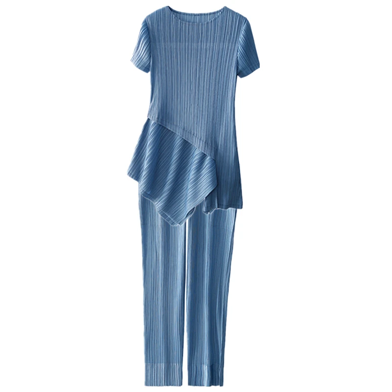 Changpleat летний женский комплект из двух предметов Miyak плиссированные модные однотонные футболки с круглым вырезом и штаны большие эластичные женские костюмы S9