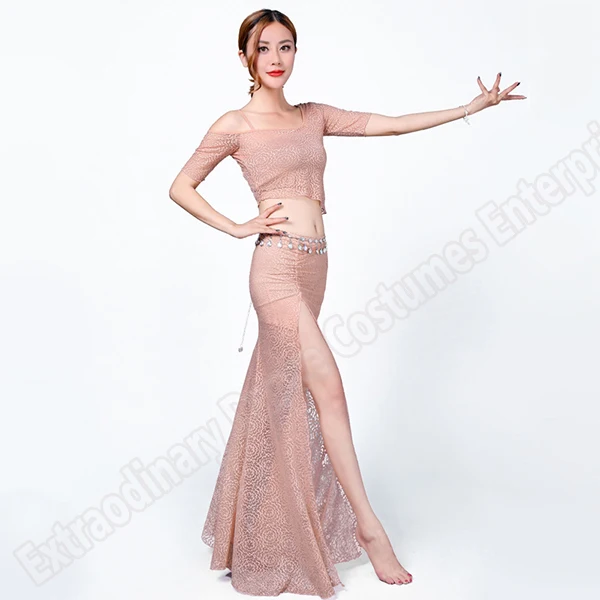 Одежда для тренировок Топ Юбка женская сексуальная мода Bellydance восточные Костюмы комплект Топ для профессионалов юбки раздельный кружевной 2 шт - Цвет: Pink-2pcs
