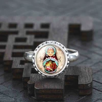 vintage antique real solid 925 sterling silver ring glass cabochon silver long ring tradition russian doll picture ring