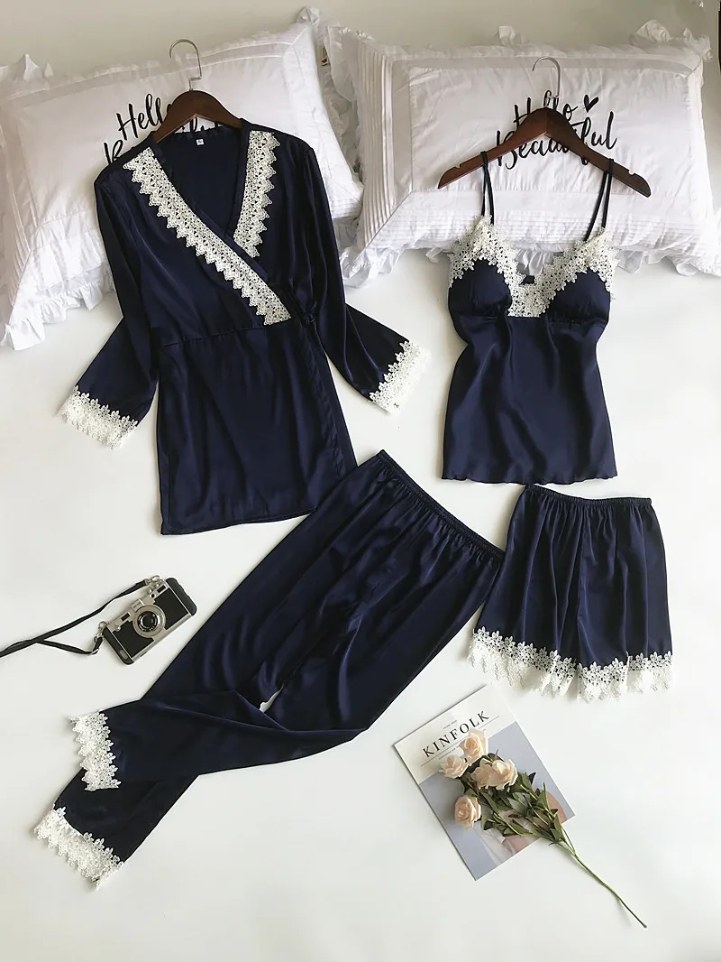 

Lisacmvpnel 4 Pcs Lace Sexy Robe Sets Spaghetti Strap+Cardigan+Pant Set Sexy Fashion Pajamas For Women